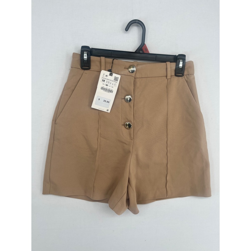 Zara Womens High Waisted Button Front Shorts Tan Camel Size M NWT 1478/036/704